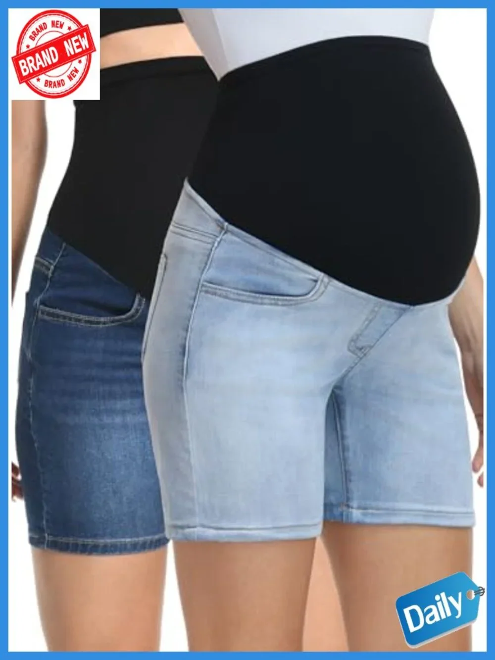 Maternity Jean Shorts Over The Belly Mid Thigh Denim with Pockets Stretchy